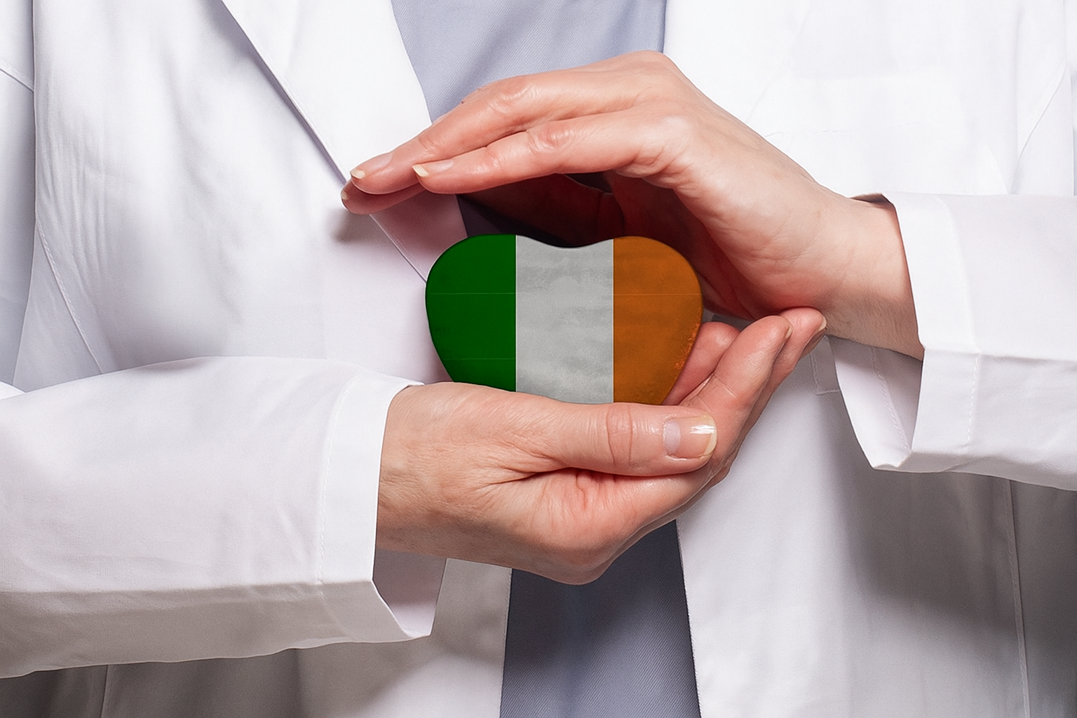 Doctor holding a heart with flag of Ireland in the background