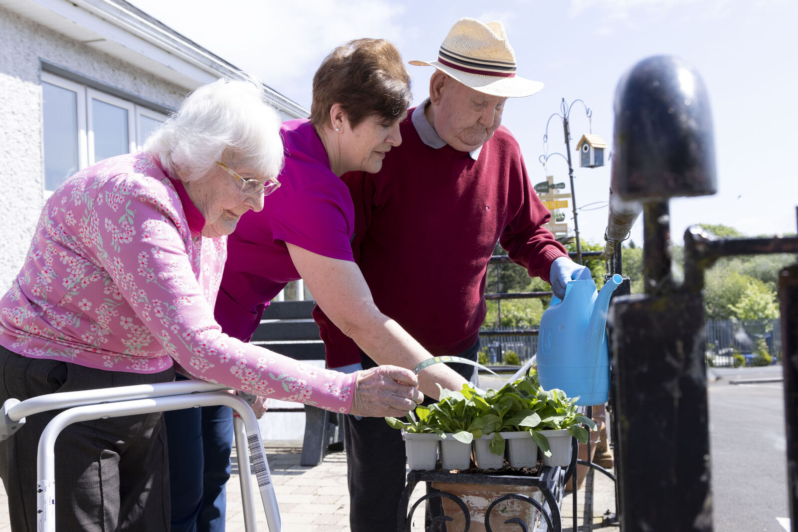 carer assisting an elderly couple in the garden